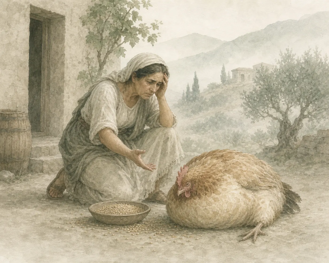 Illustration for Aesop’s fable “The Woman and the Hen”