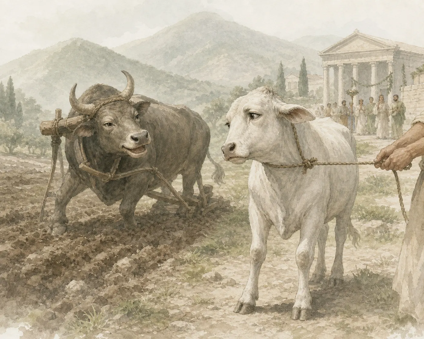 Illustration for Aesop’s fable “The Heifer and the Ox”