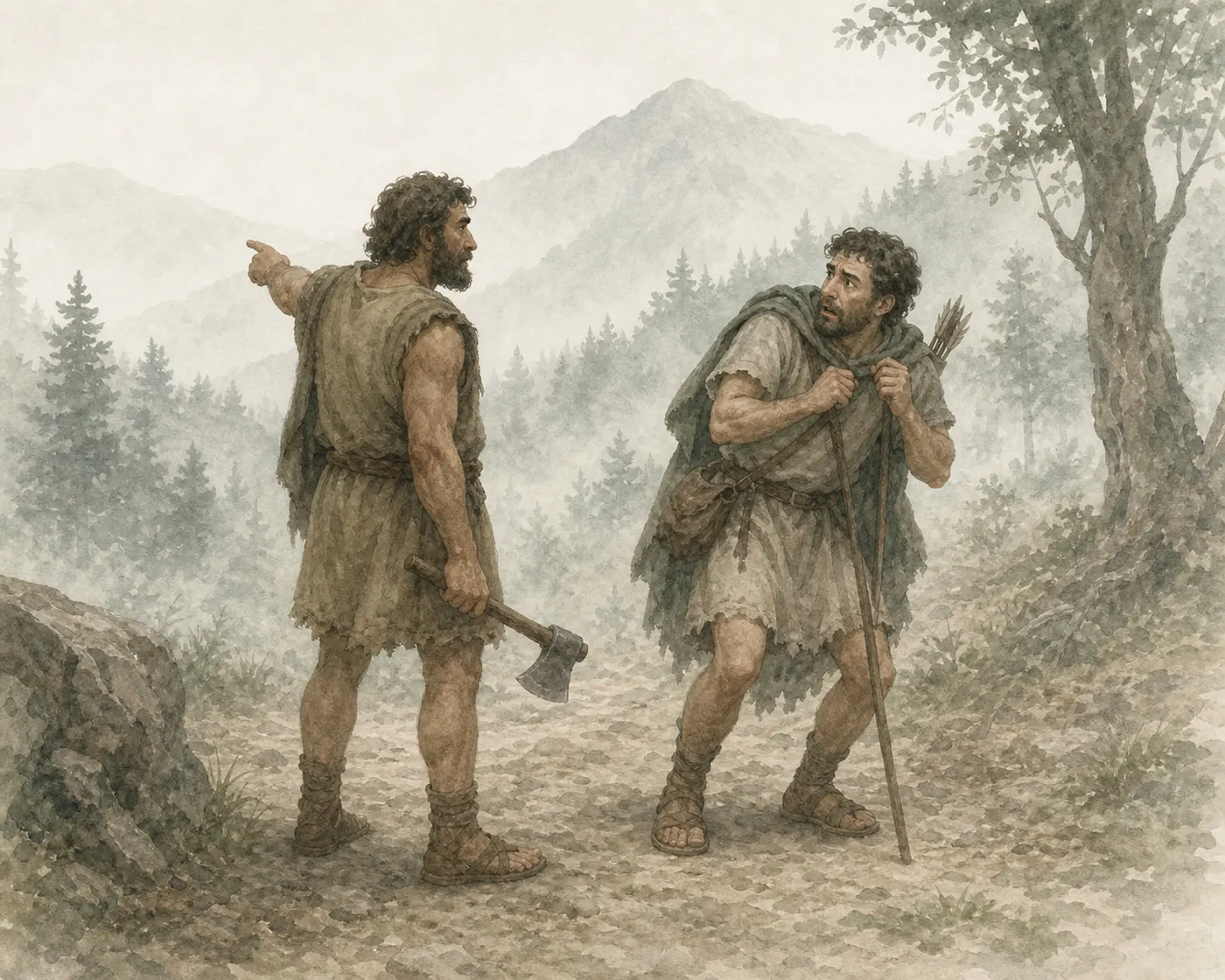 Illustration for Aesop’s fable “The Cowardly Hunter and the Woodcutter”