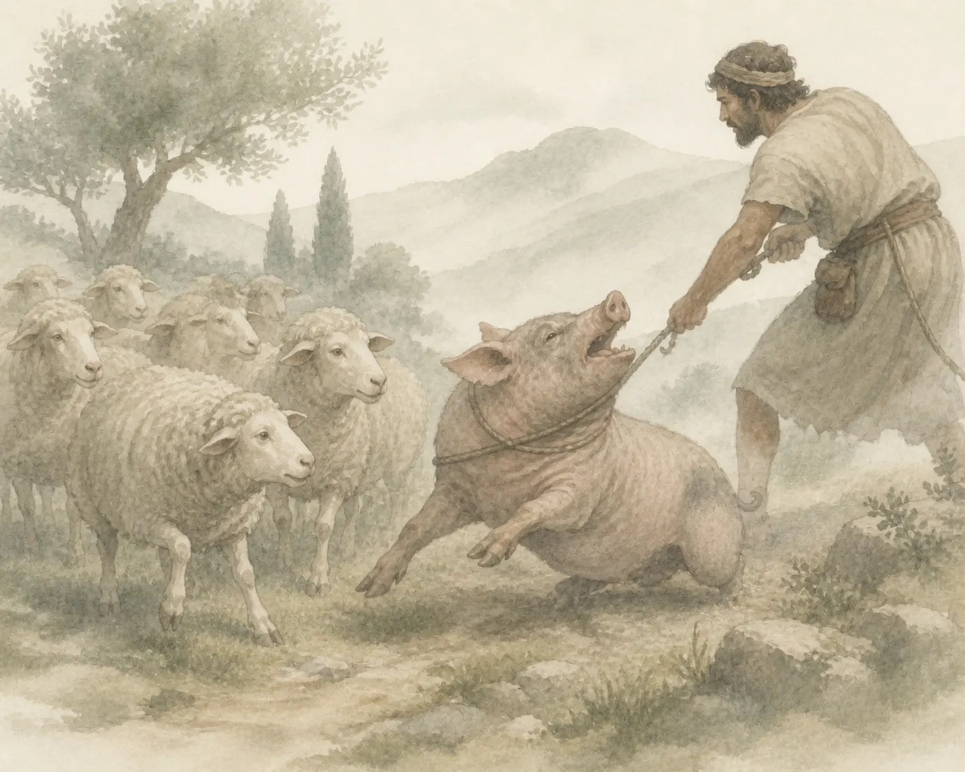 Illustration for Aesop’s fable “The Pig and the Sheep”