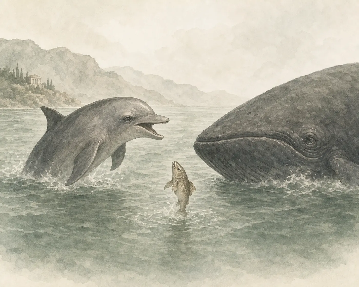 Illustration for Aesop’s fable “The Dolphins, the Whales, and the Gudgeon”