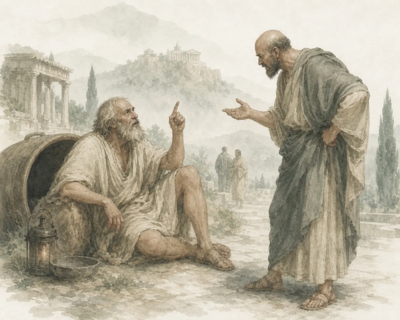 Illustration for Aesop’s fable “Diogenes and the Bald Man”
