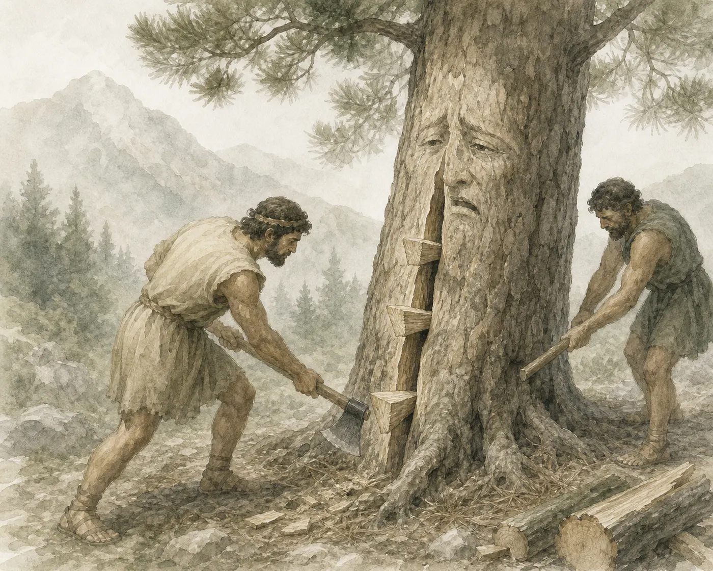 Illustration for Aesop’s fable “The Woodcutters and the Pine”