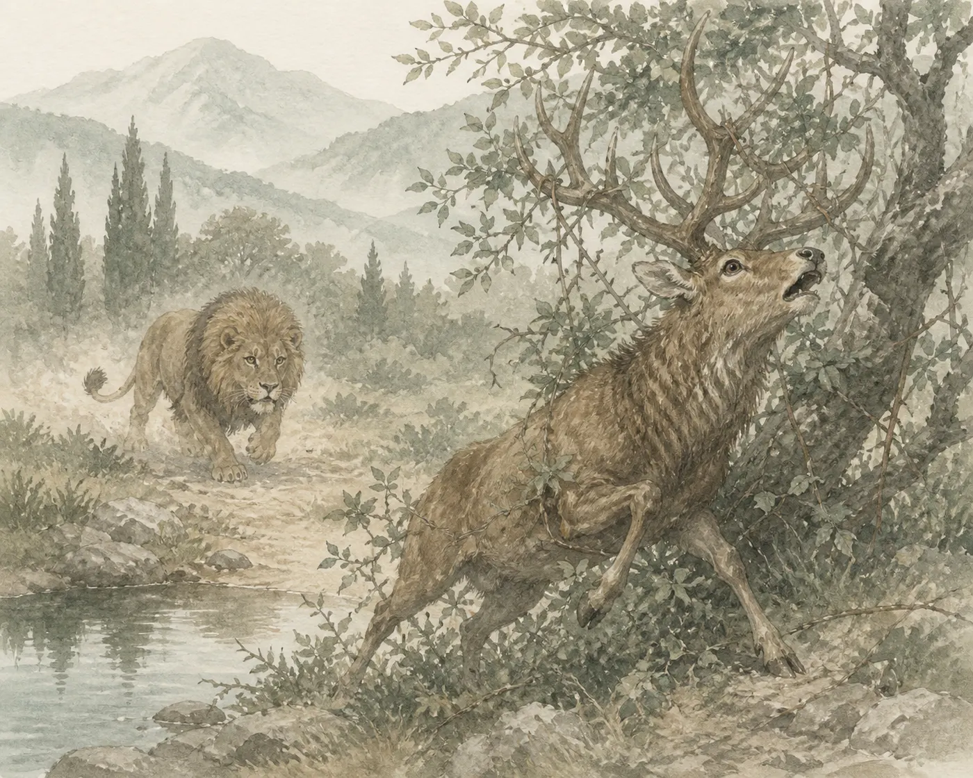 Illustration for Aesop’s fable “The Stag at the Pool and the Lion”