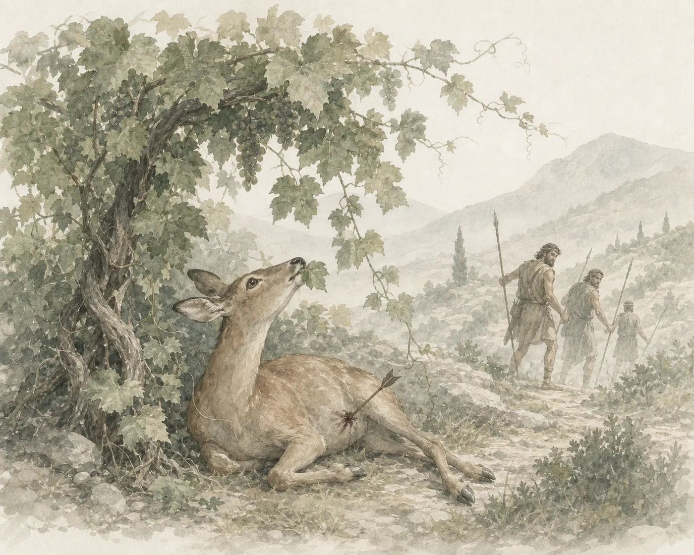 Illustration for Aesop’s fable “The Doe and the Vine”