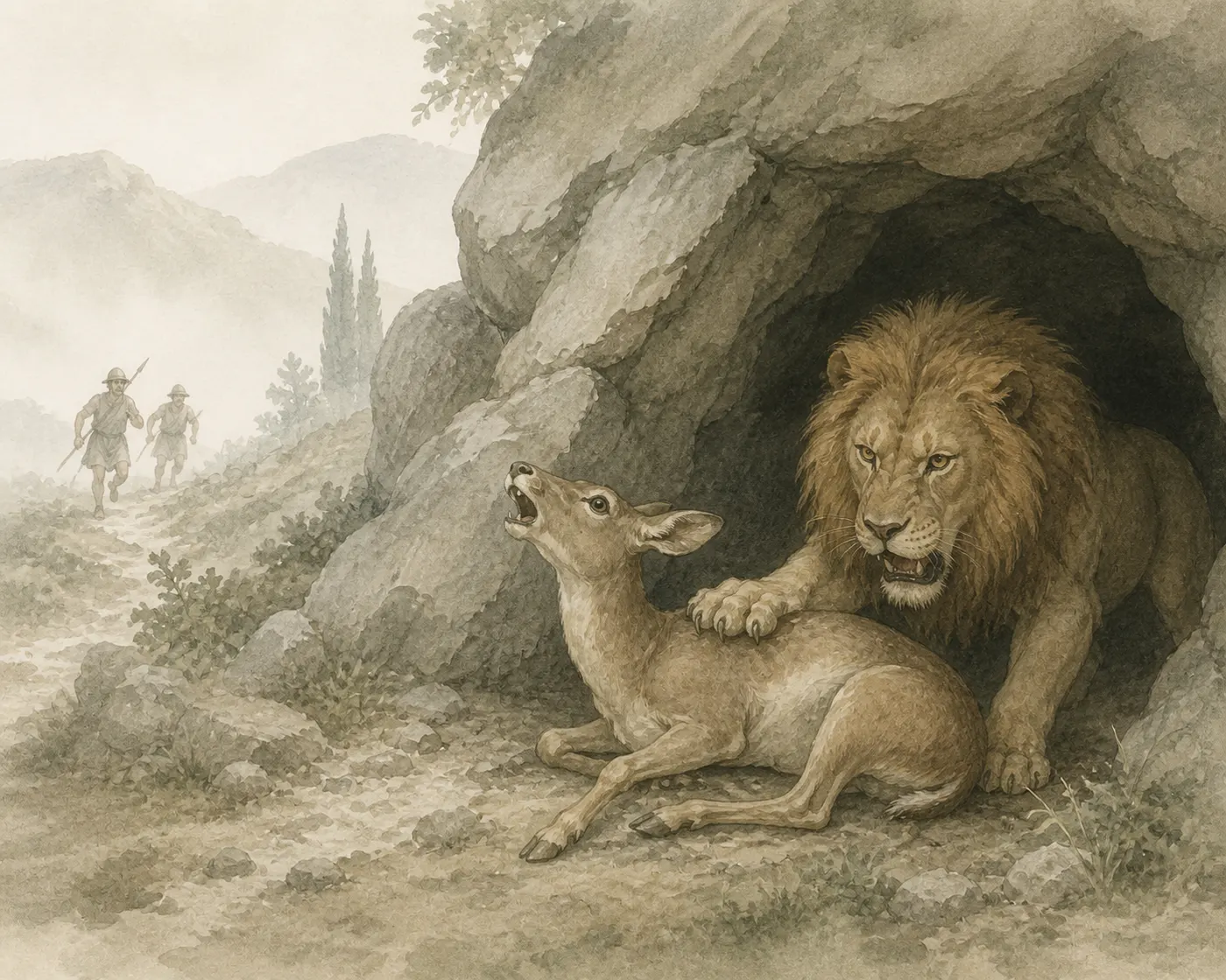 Illustration for Aesop’s fable “The Doe and the Lion in the Cave”