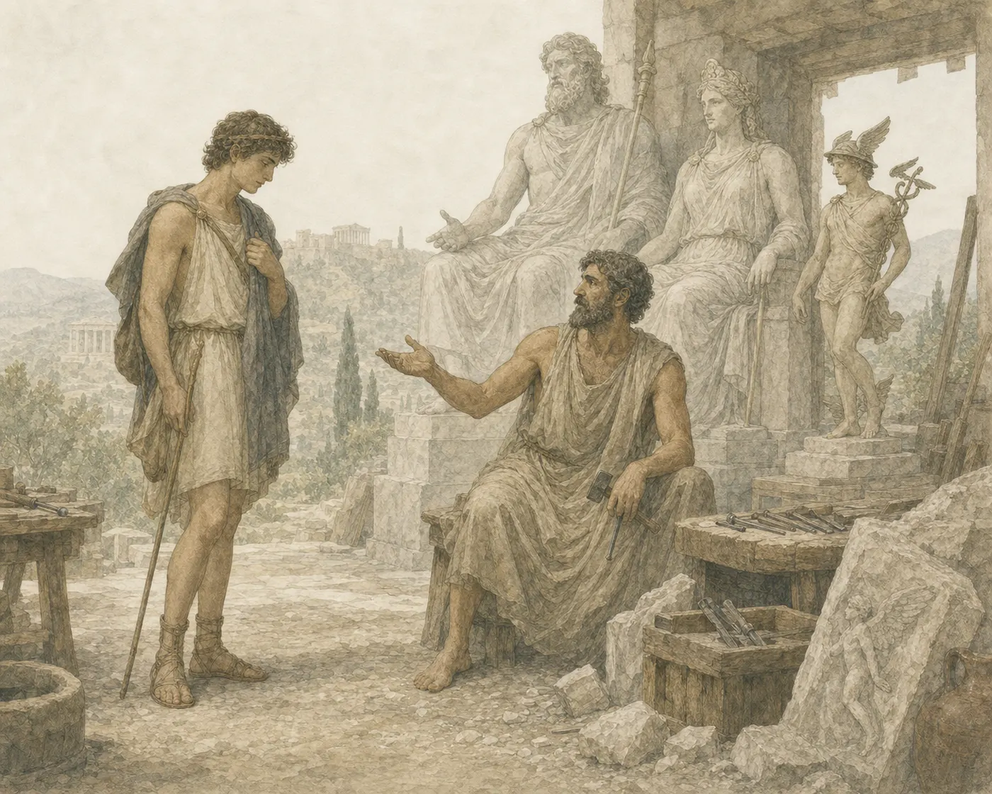 Illustration for Aesop’s fable “Hermes and the Sculptor”