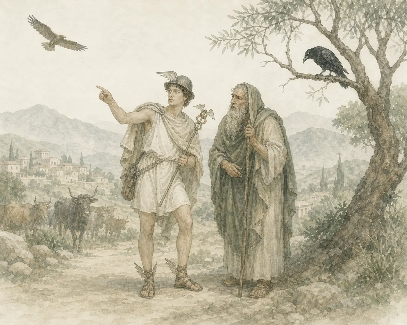 Illustration for Aesop’s fable “Hermes and Tiresias”