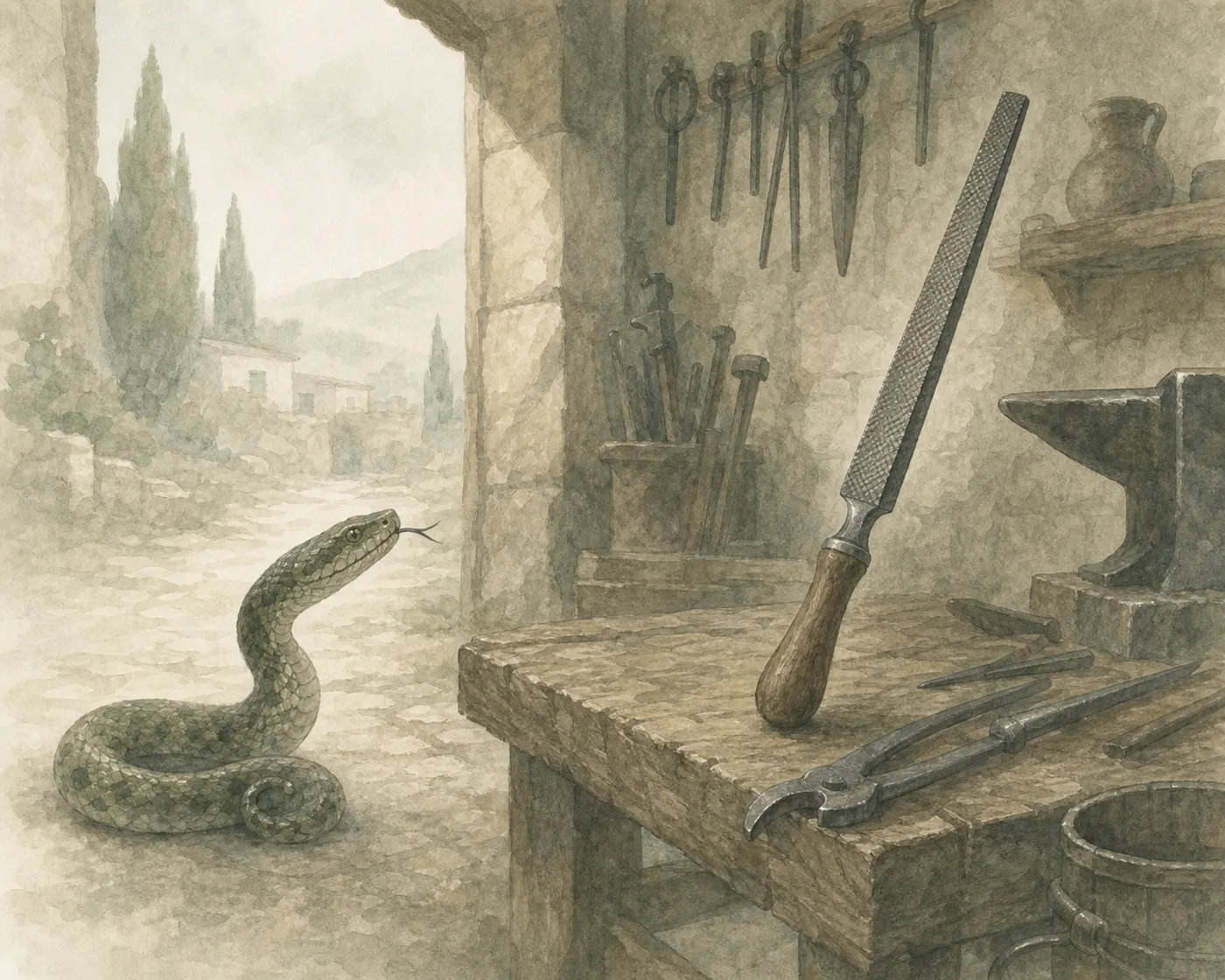 Illustration for Aesop’s fable “The Viper and the File”