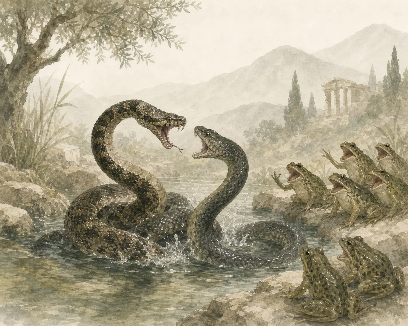 Illustration for Aesop’s fable “The Viper and the Water-Snake”