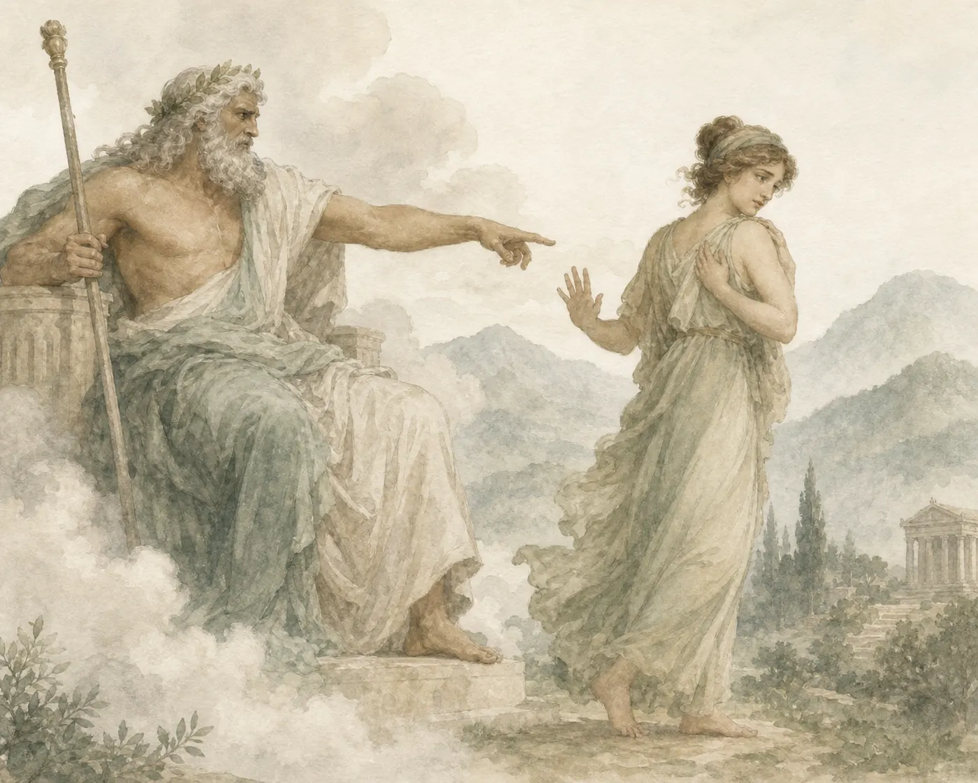 Illustration for Aesop’s fable “Zeus and Modesty”