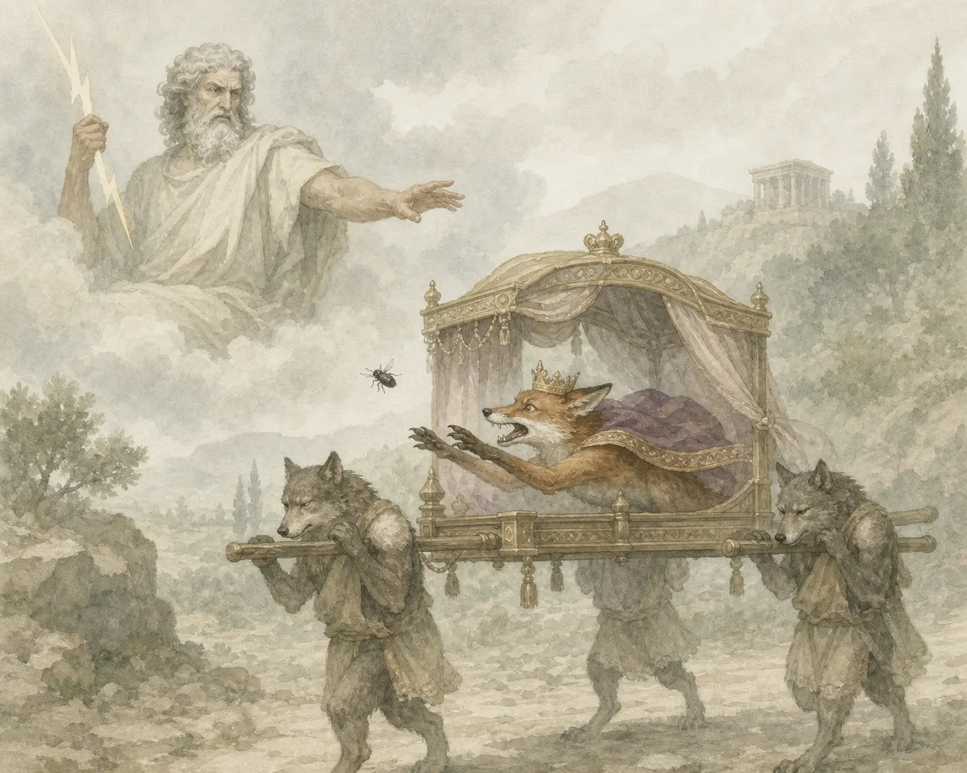 Illustration for Aesop’s fable “Zeus and the Fox”