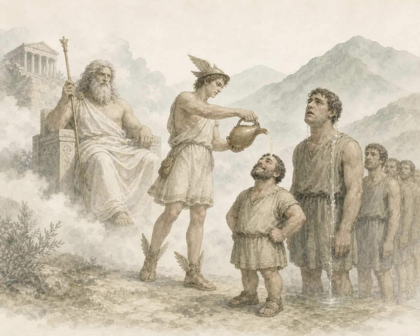 Illustration for Aesop’s fable “Zeus and Men”