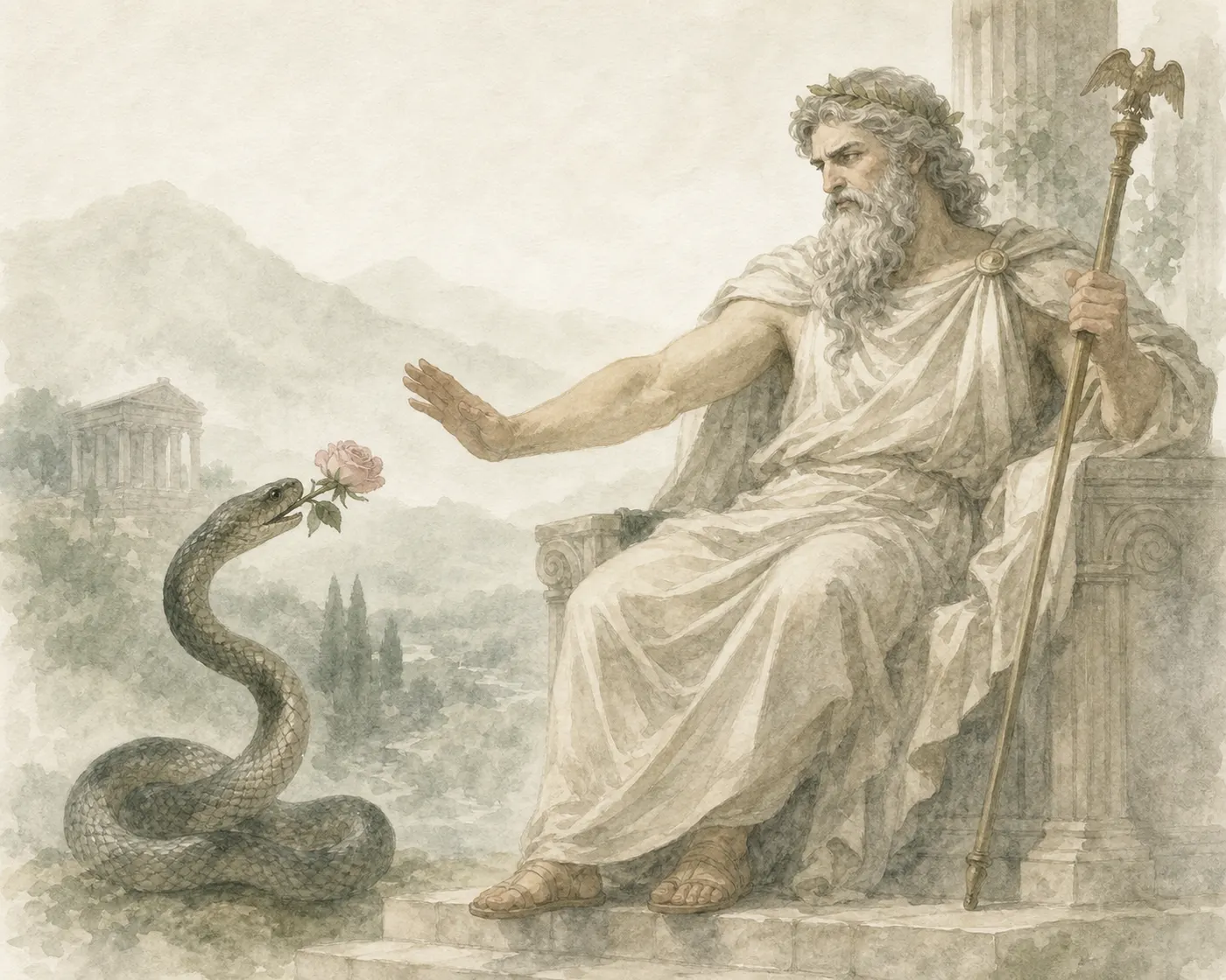 Illustration for Aesop’s fable “Zeus and the Serpent”