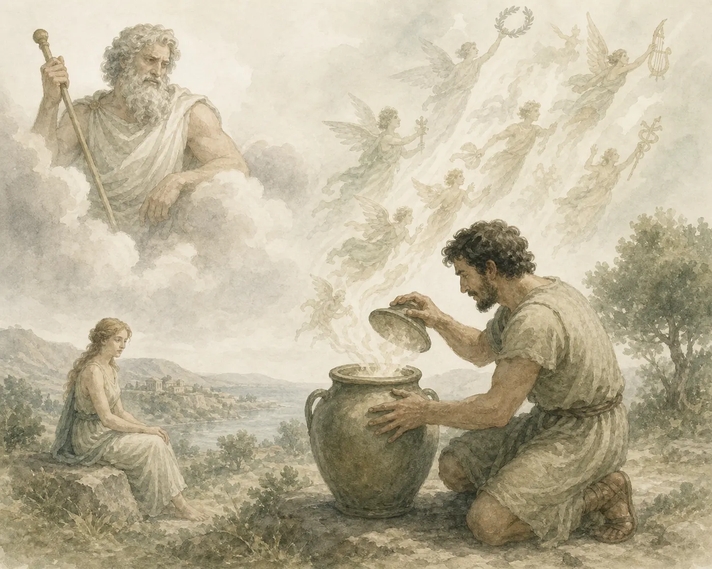 Illustration for Aesop’s fable “Zeus and the Jar of Blessings”