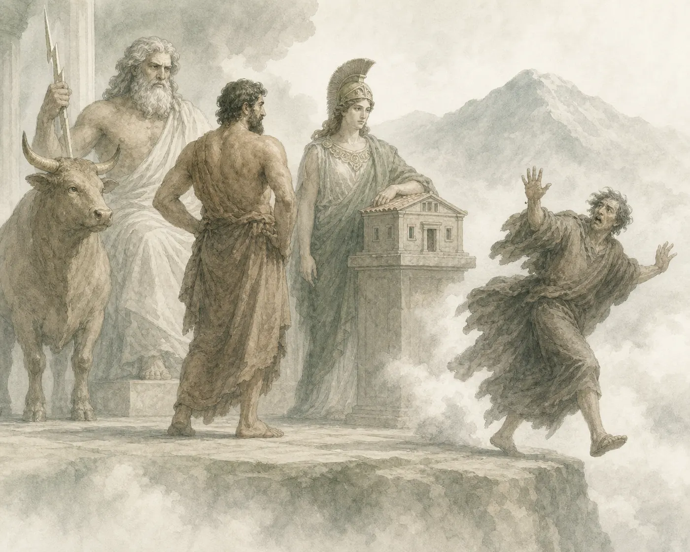 Illustration for Aesop’s fable “Zeus, Prometheus, Athena, and Momus”