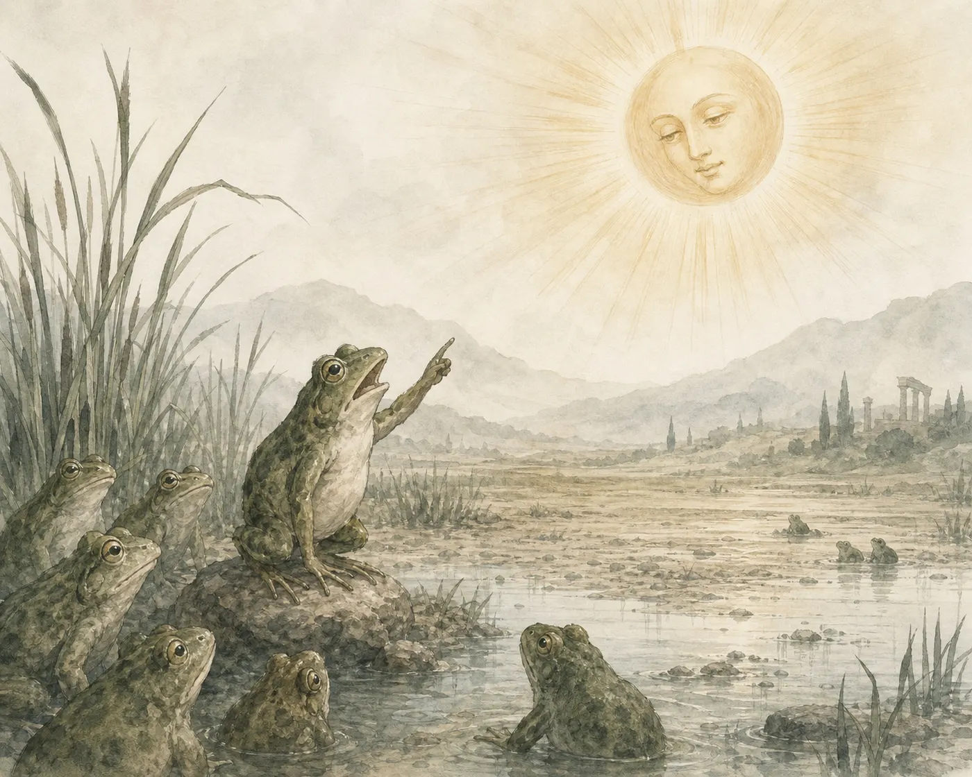 Illustration for Aesop’s fable “The Sun and the Frogs”
