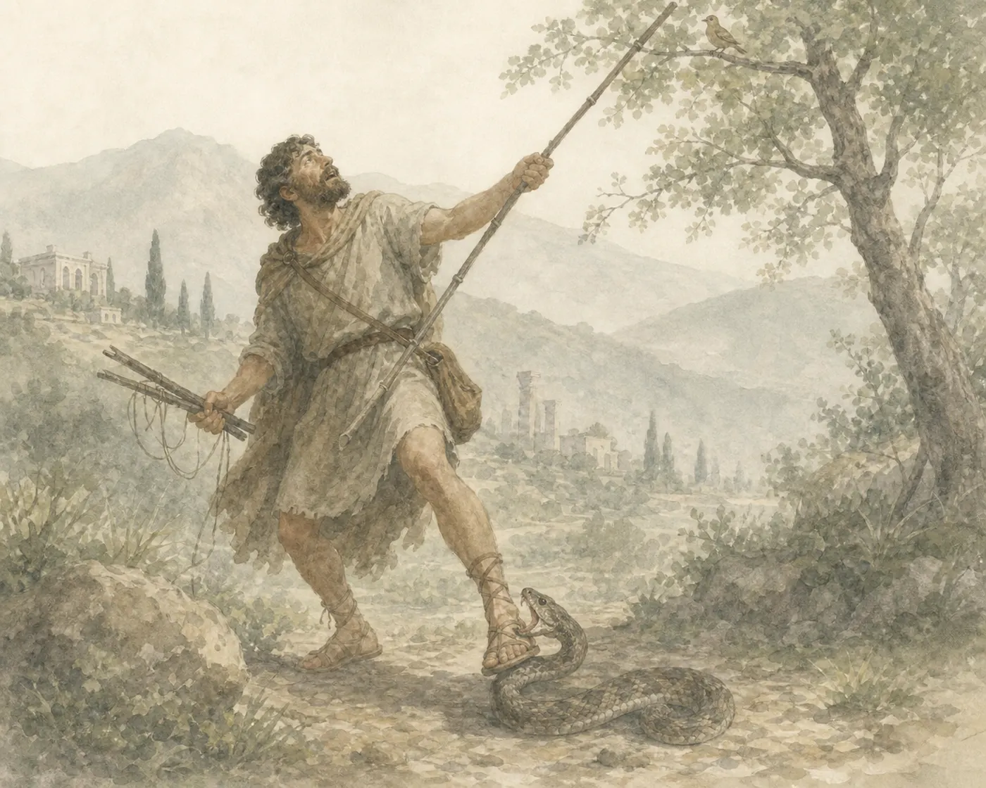 Illustration for Aesop’s fable “The Fowler and the Asp”