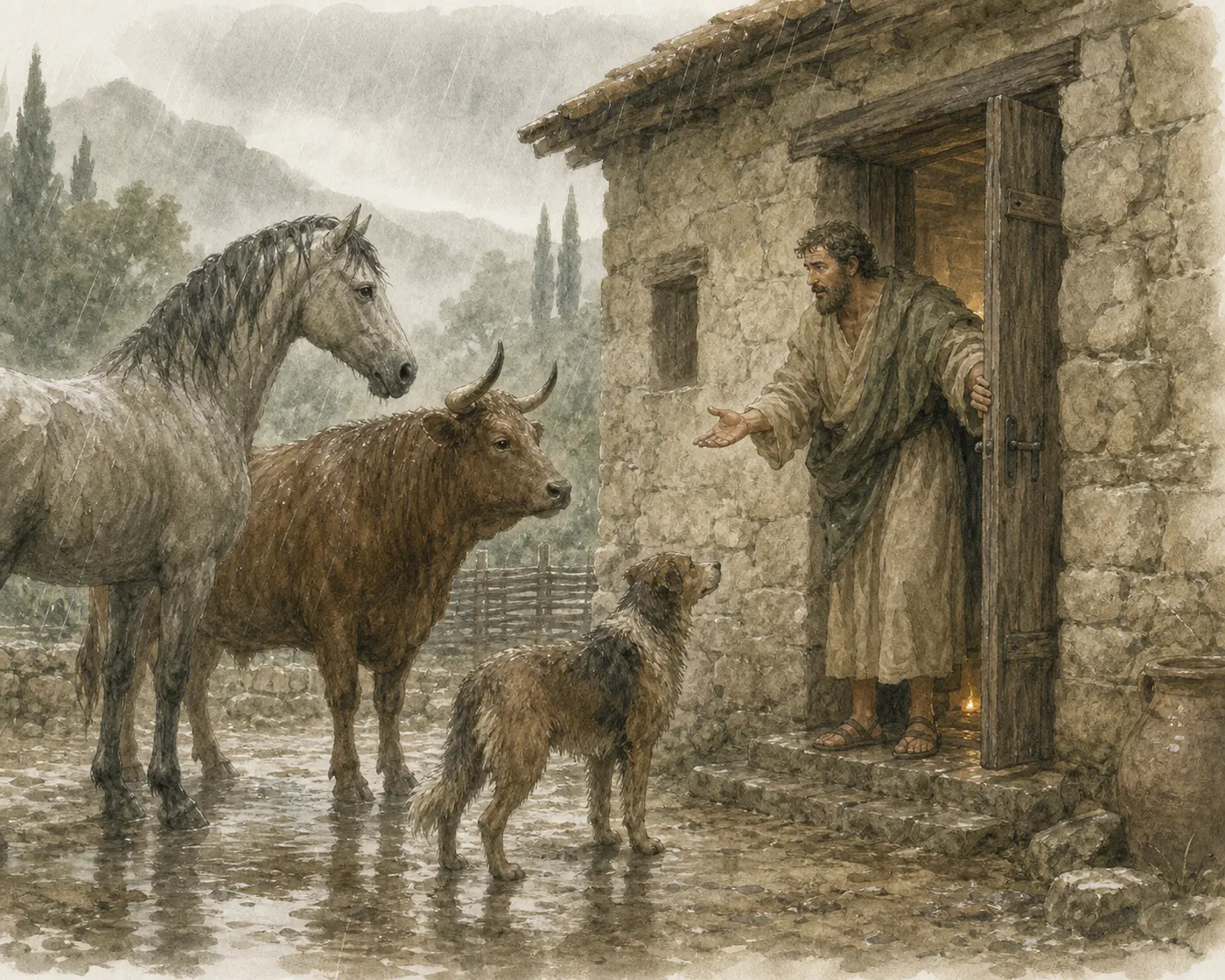 Illustration for Aesop’s fable “The Horse, the Ox, the Dog, and Man”