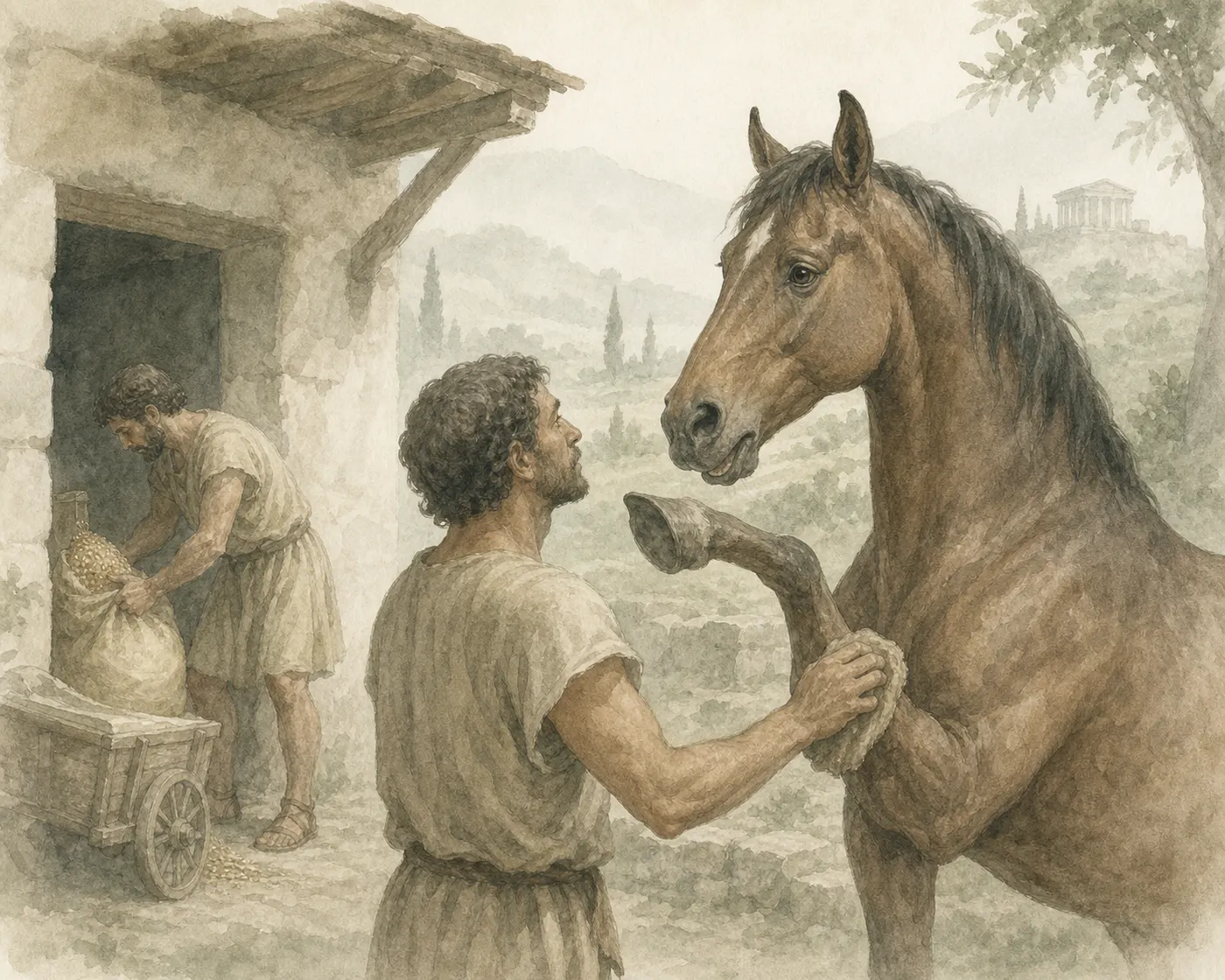 Illustration for Aesop’s fable “The Horse and the Groom”