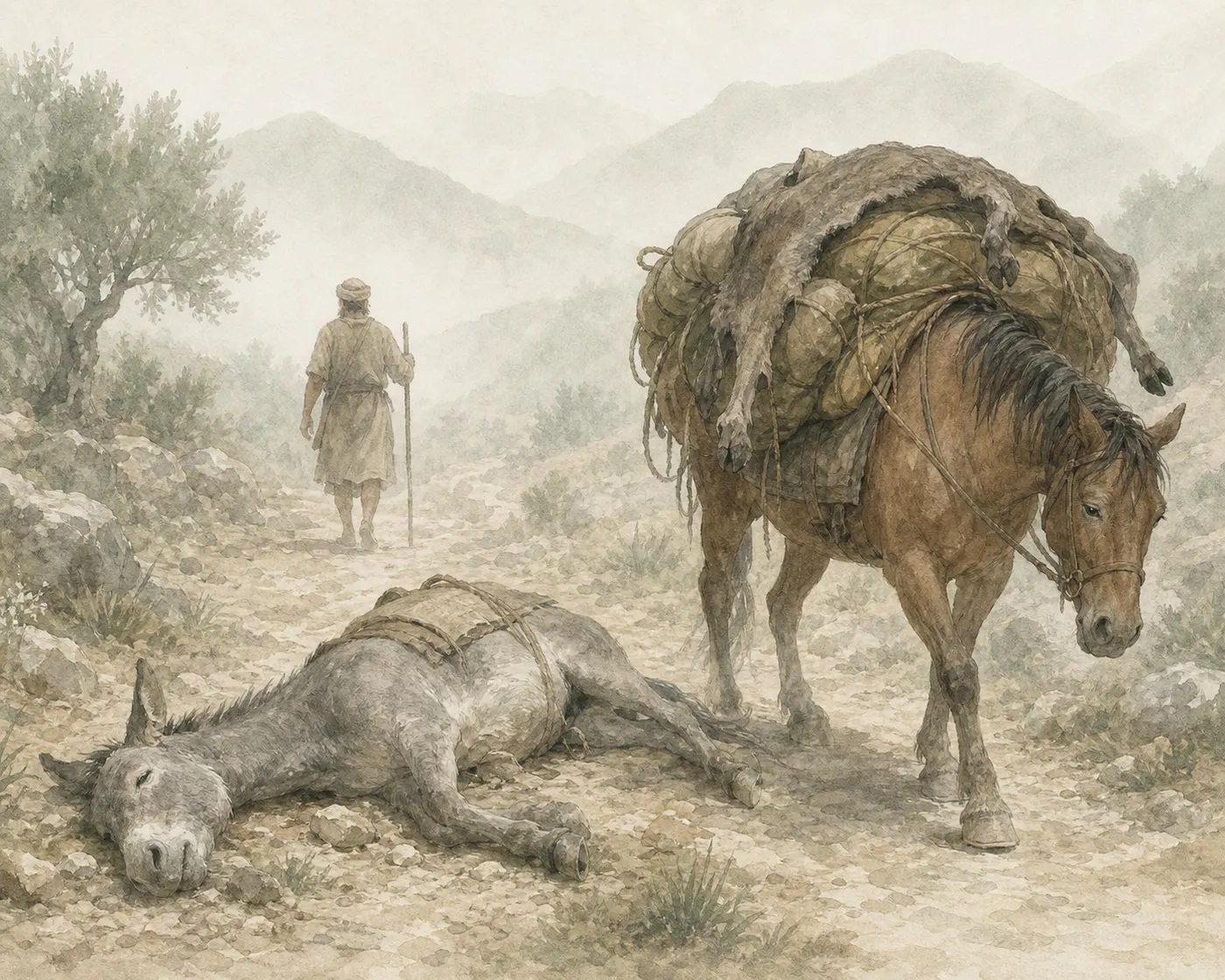 Illustration for Aesop’s fable “The Horse and the Ass”