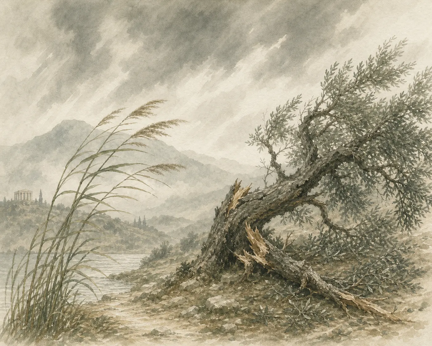 Illustration for Aesop’s fable “The Reed and the Olive Tree”