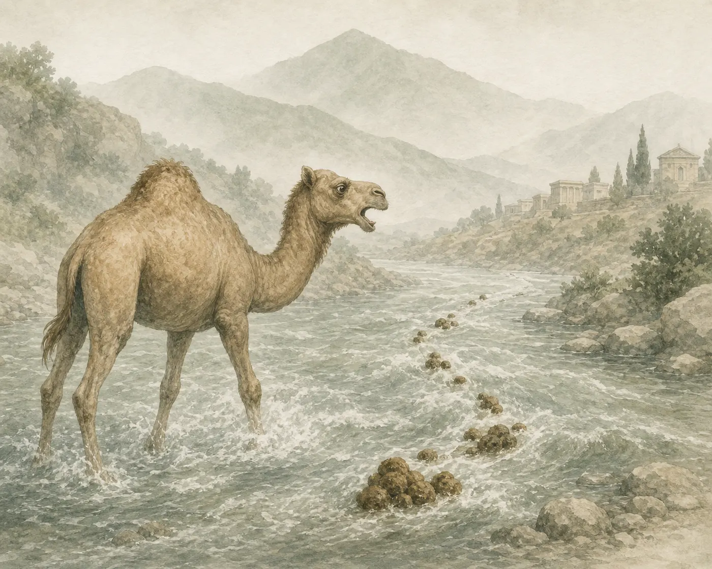 Illustration for Aesop’s fable “The Camel That Dunged in a River”