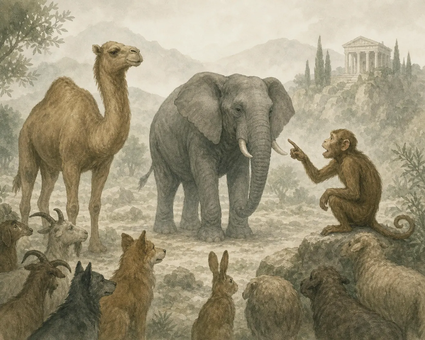 Illustration for Aesop’s fable “The Camel, the Elephant, and the Monkey”