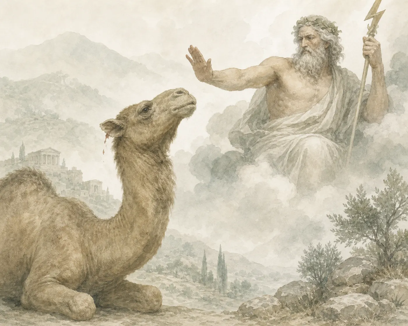 Illustration for Aesop’s fable “The Camel and Zeus”