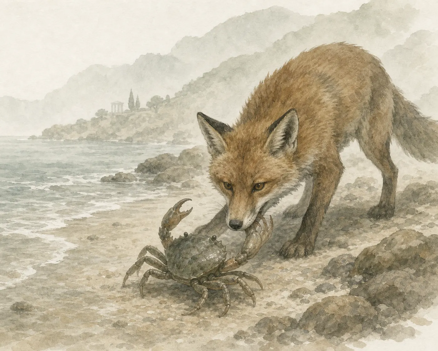 Illustration for Aesop’s fable “The Crab and the Fox”