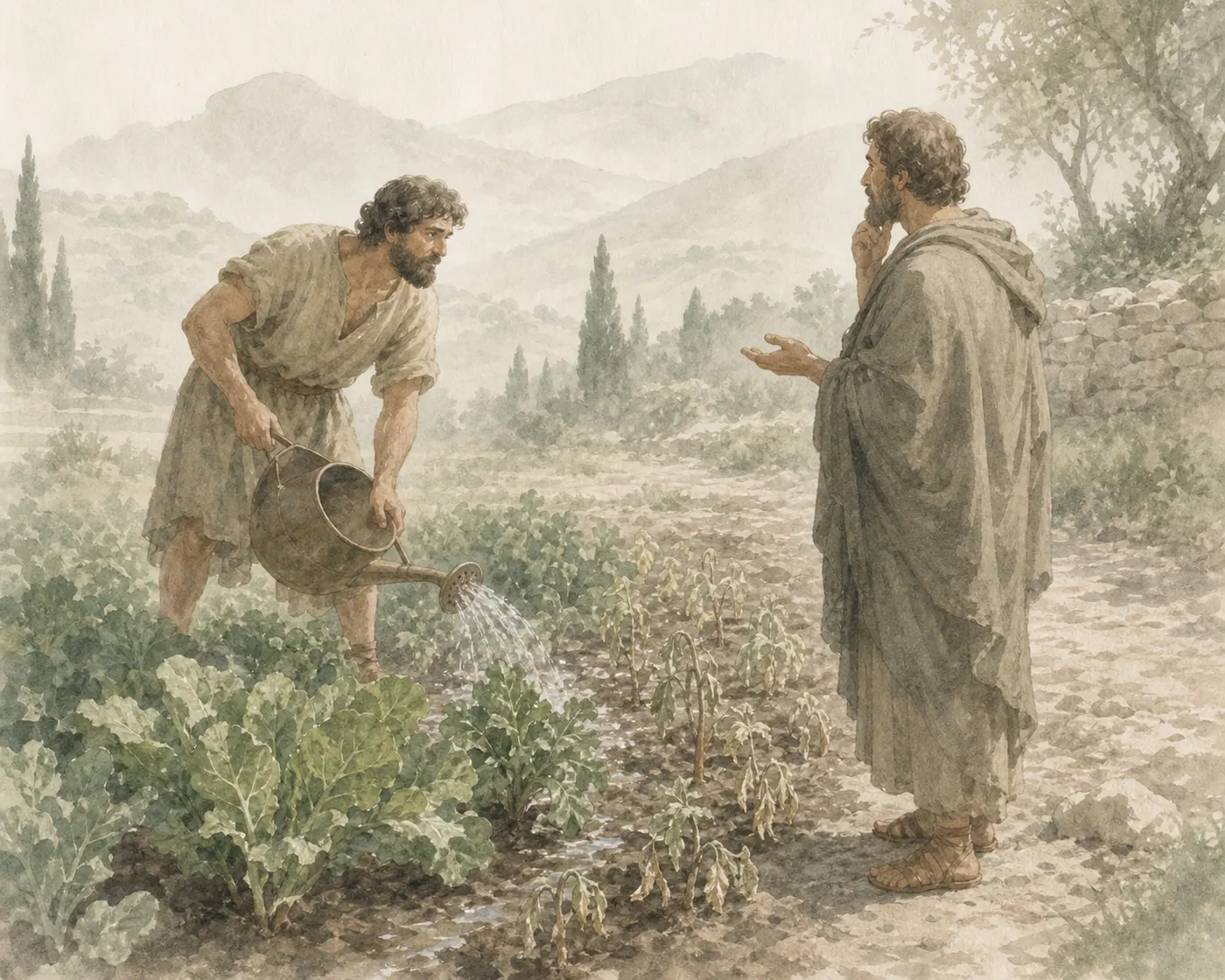 Illustration for Aesop’s fable “The Gardener Watering Vegetables”