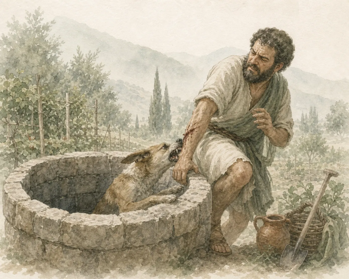 Illustration for Aesop’s fable “The Gardener and the Dog”