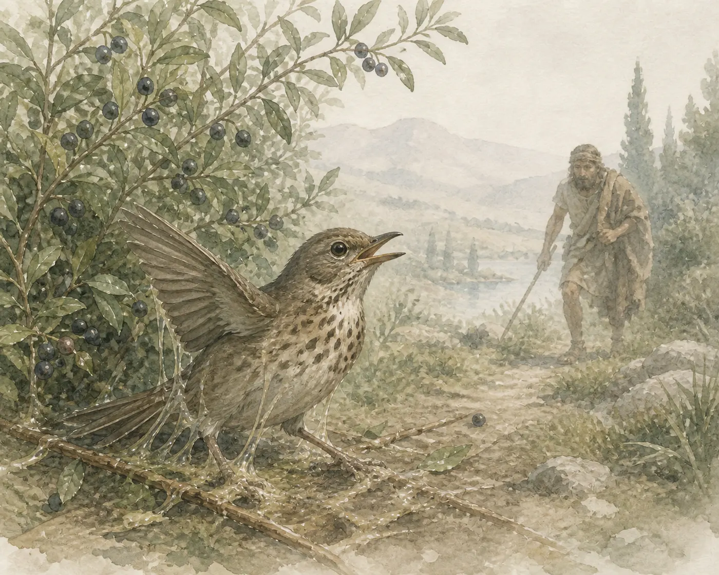 Illustration for Aesop’s fable “The Thrush”