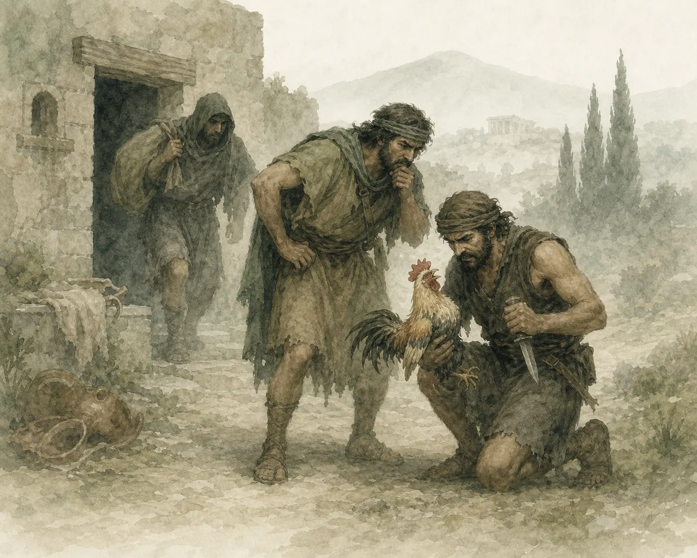 Illustration for Aesop’s fable “The Thieves and the Cock”