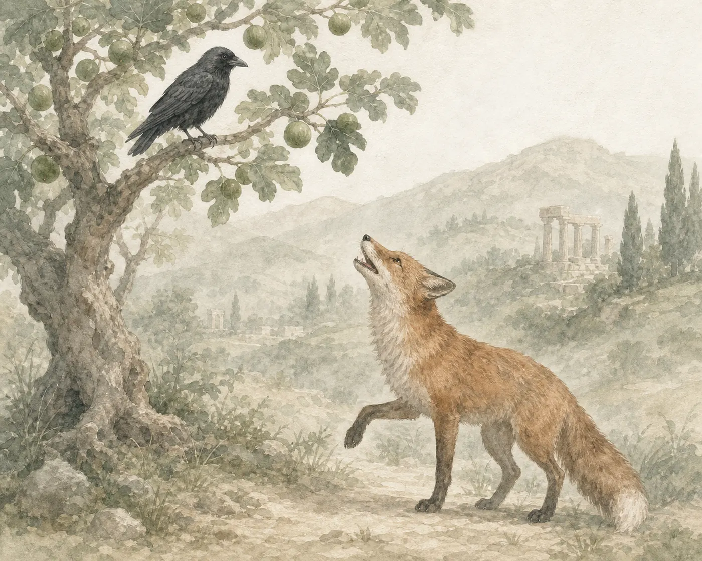 Illustration for Aesop’s fable “The Jackdaw and the Fox”