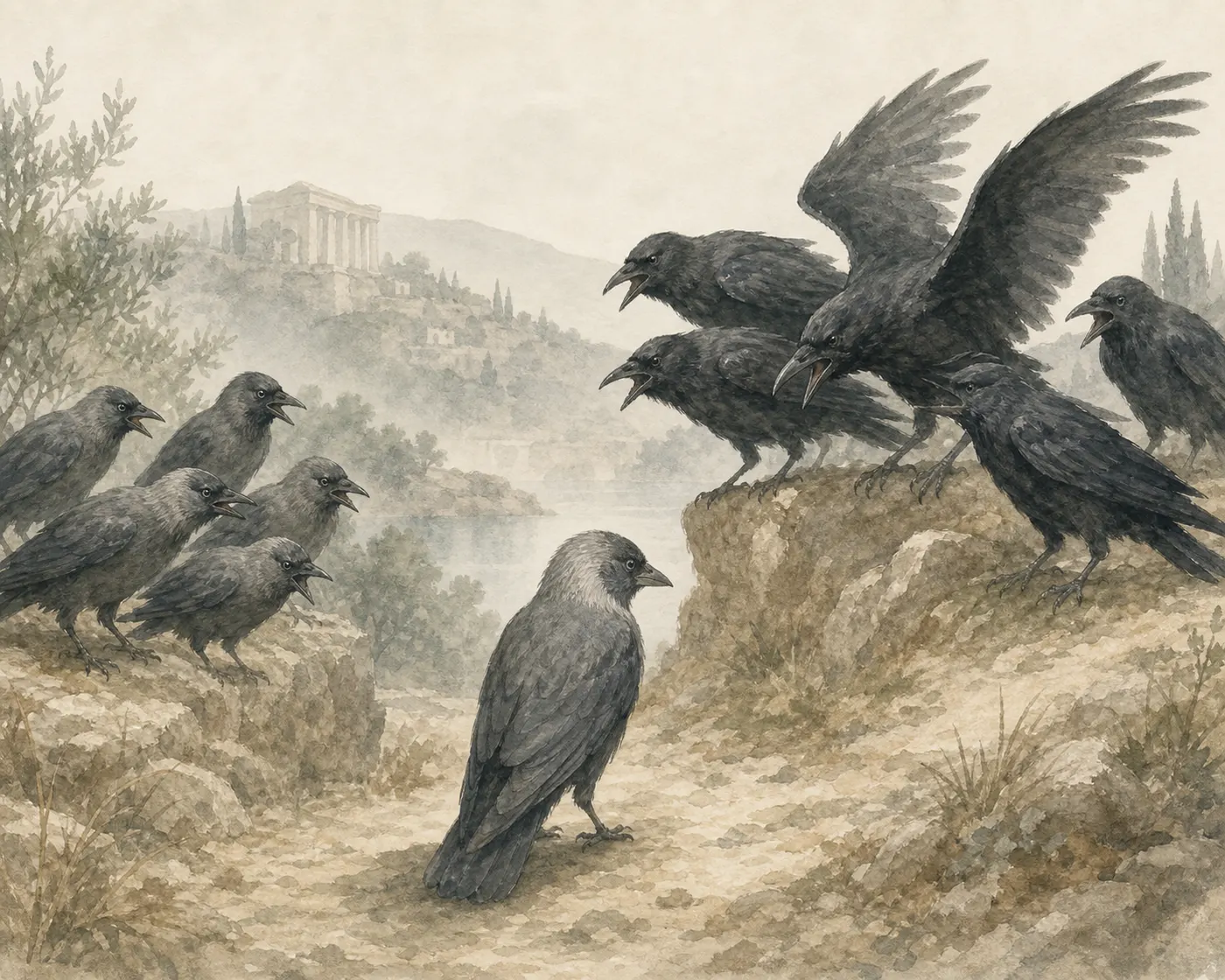 Illustration for Aesop’s fable “The Jackdaw and the Crows”