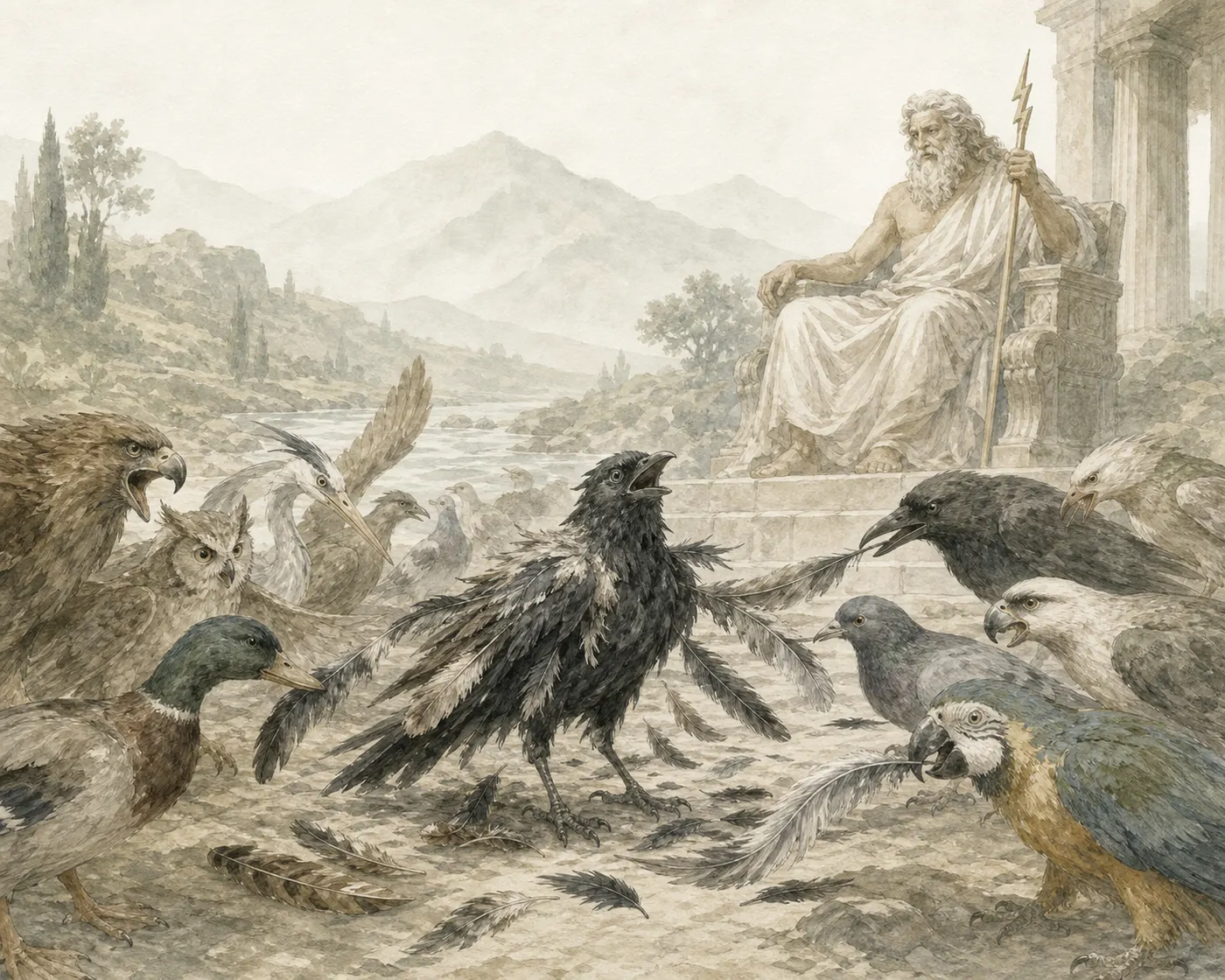 Illustration for Aesop’s fable “The Jackdaw and the Birds”