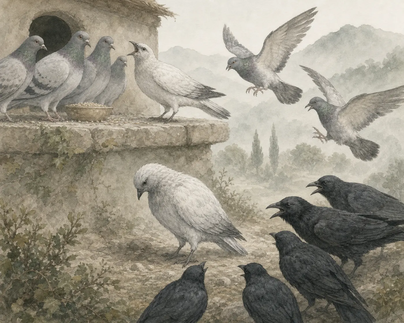 Illustration for Aesop’s fable “The Jackdaw and the Pigeons”