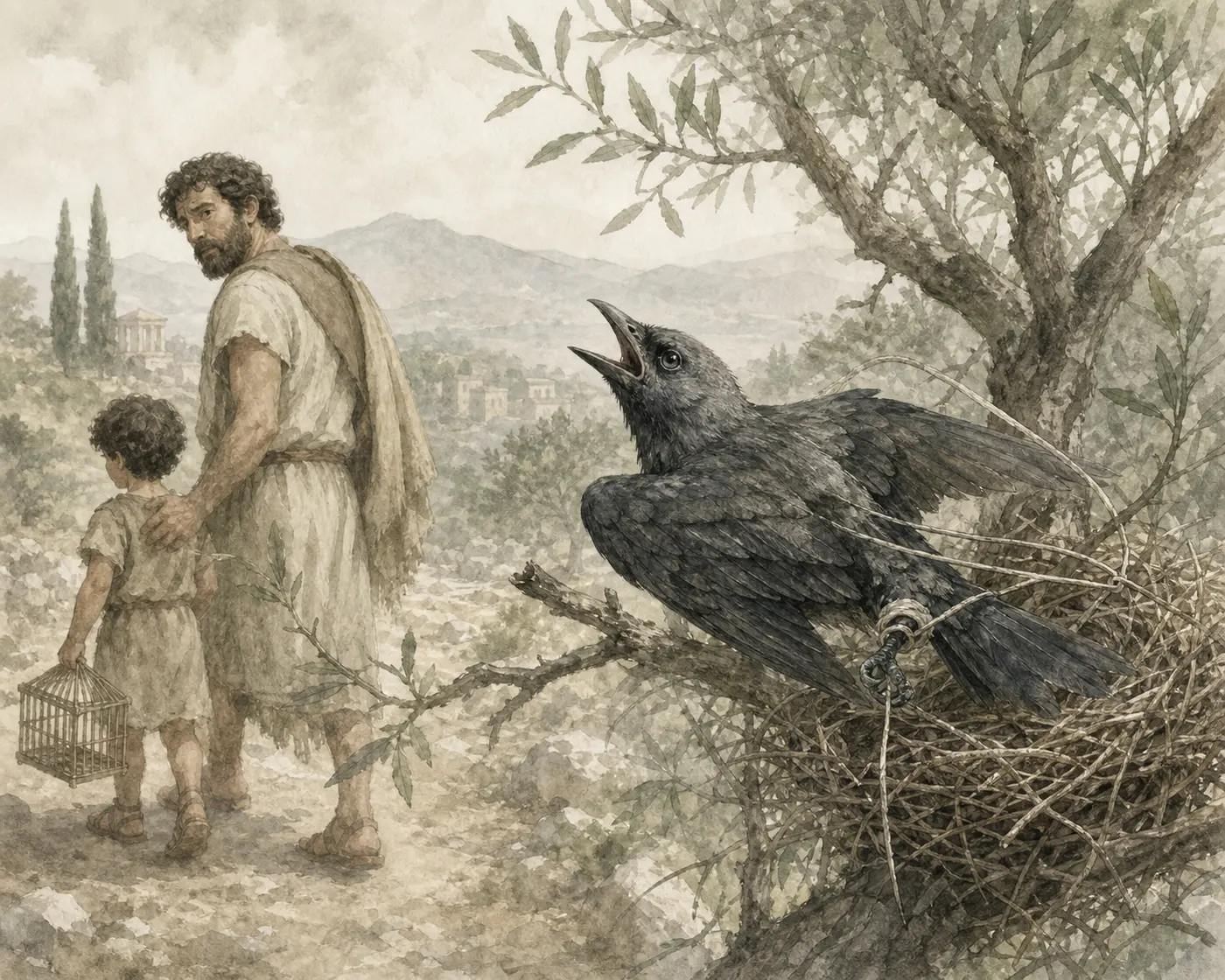 Illustration for Aesop’s fable “The Escaped Jackdaw”