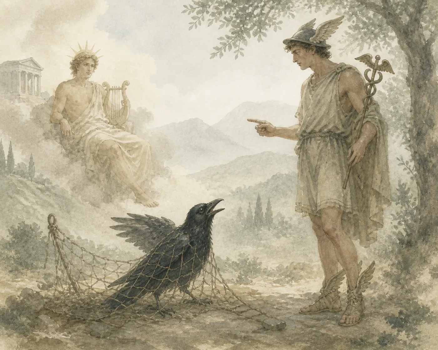 Illustration for Aesop’s fable “The Crow and Hermes”