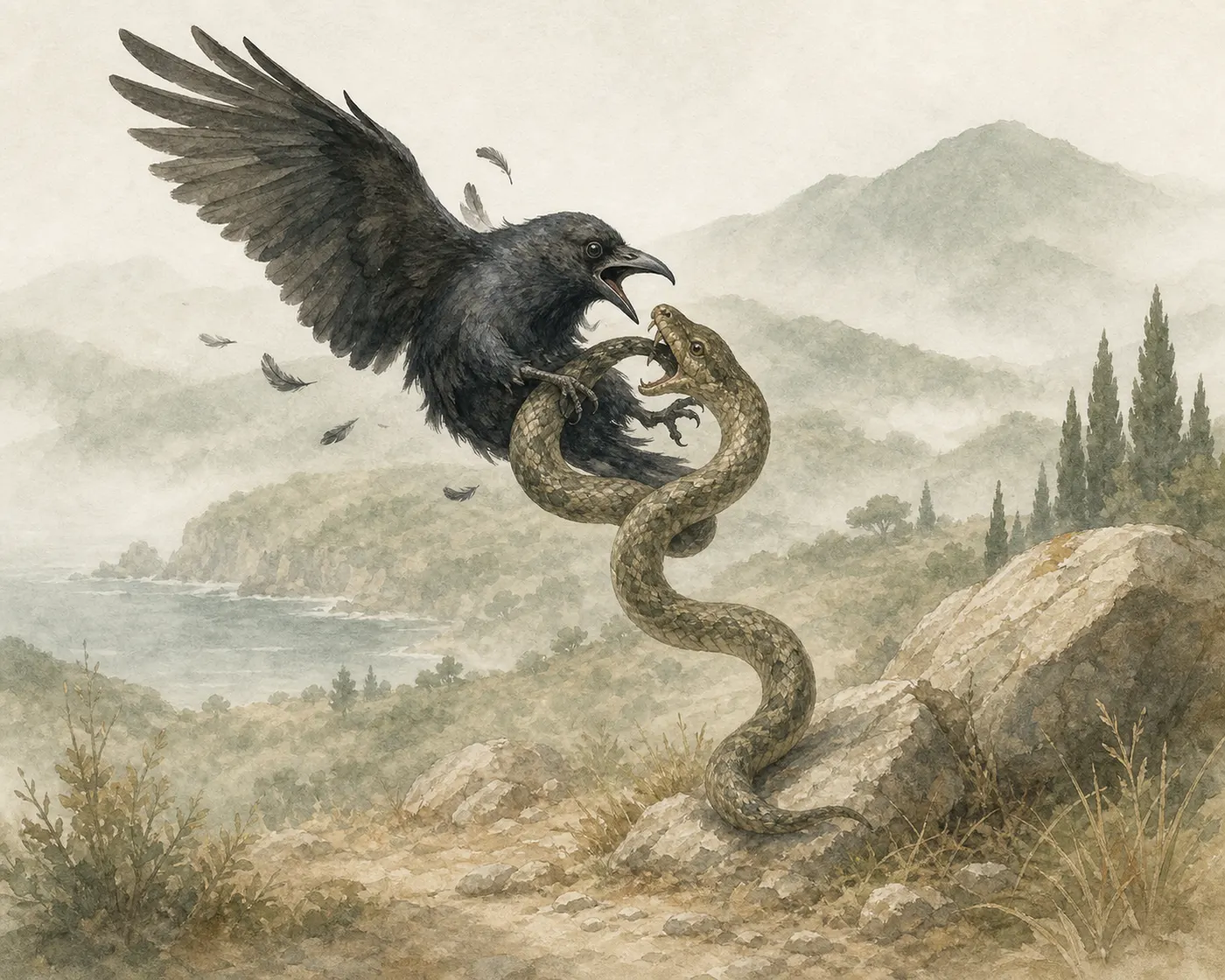 Illustration for Aesop’s fable “The Crow and the Serpent”