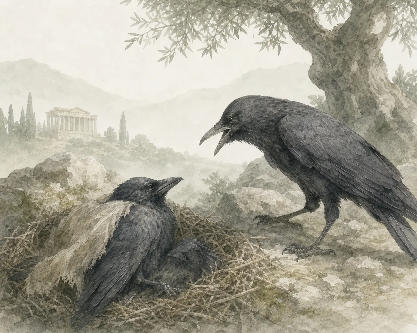 Illustration for Aesop’s fable “The Sick Crow”