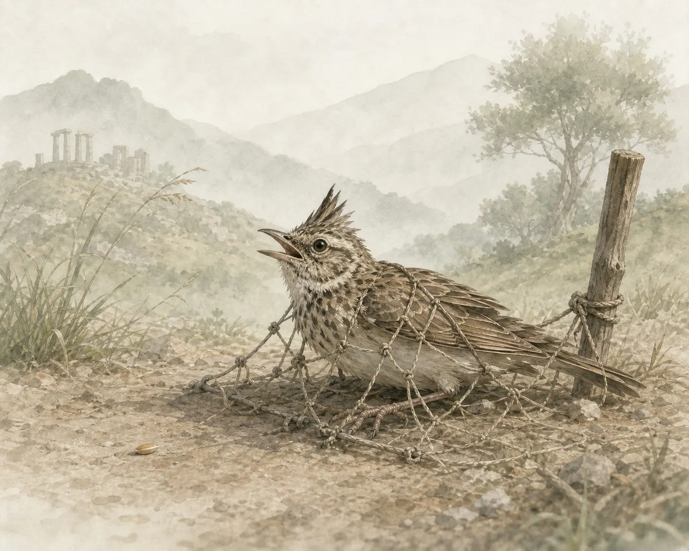 Illustration for Aesop’s fable “The Crested Lark”