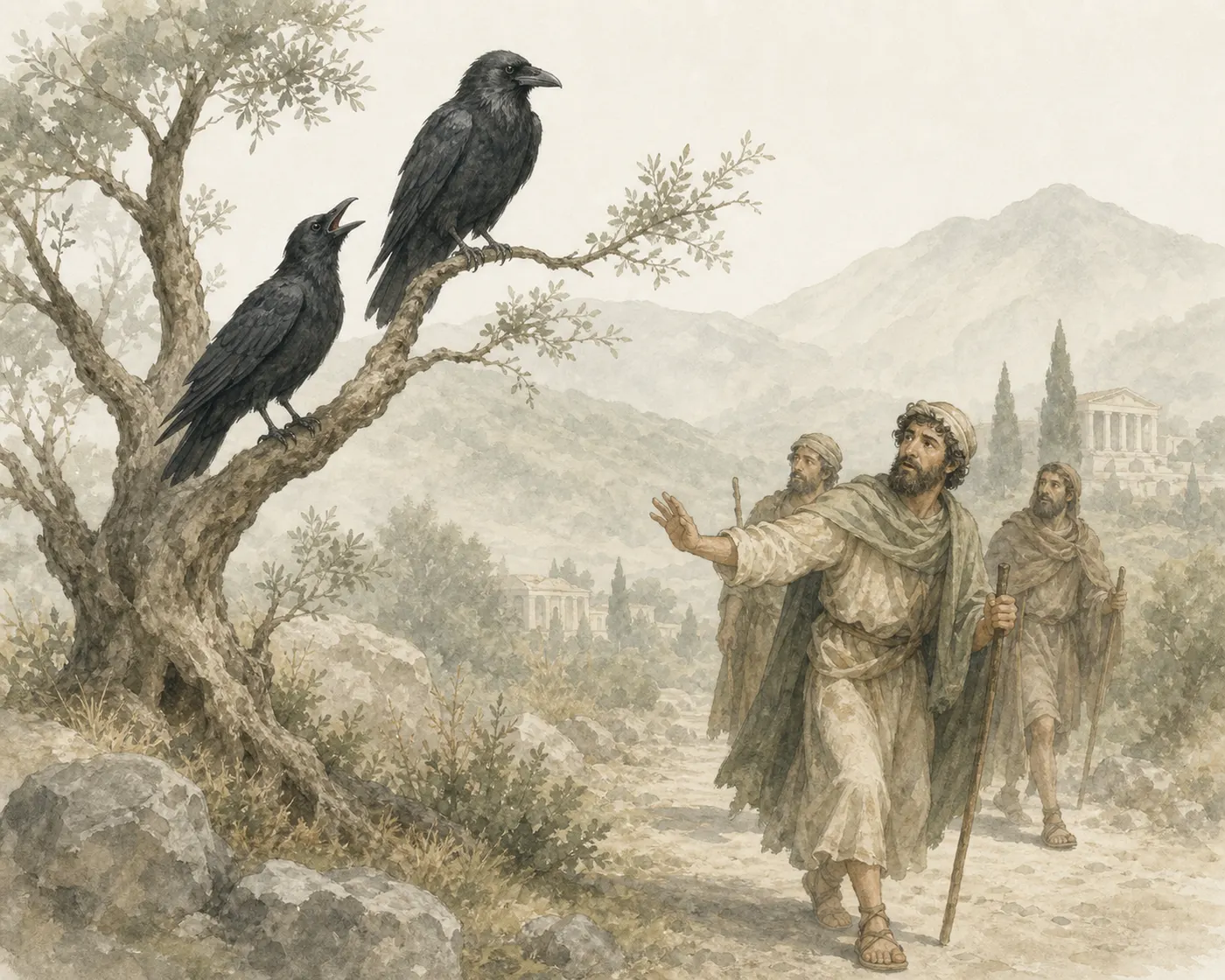 Illustration for Aesop’s fable “The Crow and the Raven”