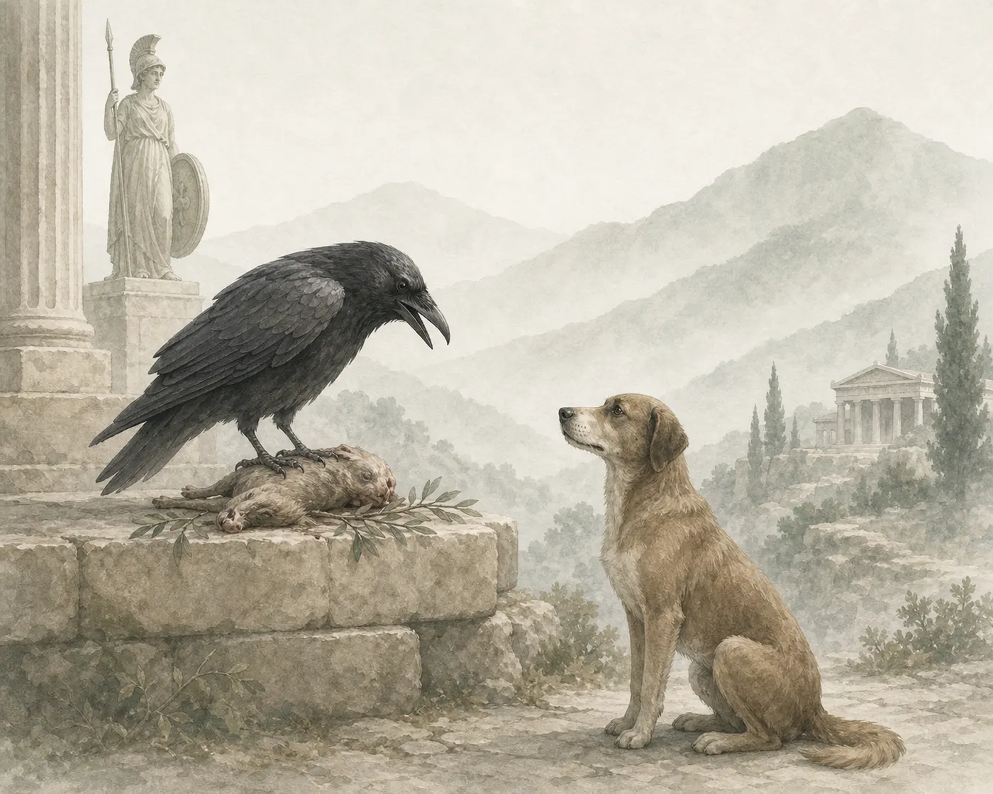Illustration for Aesop’s fable “The Crow and the Dog”