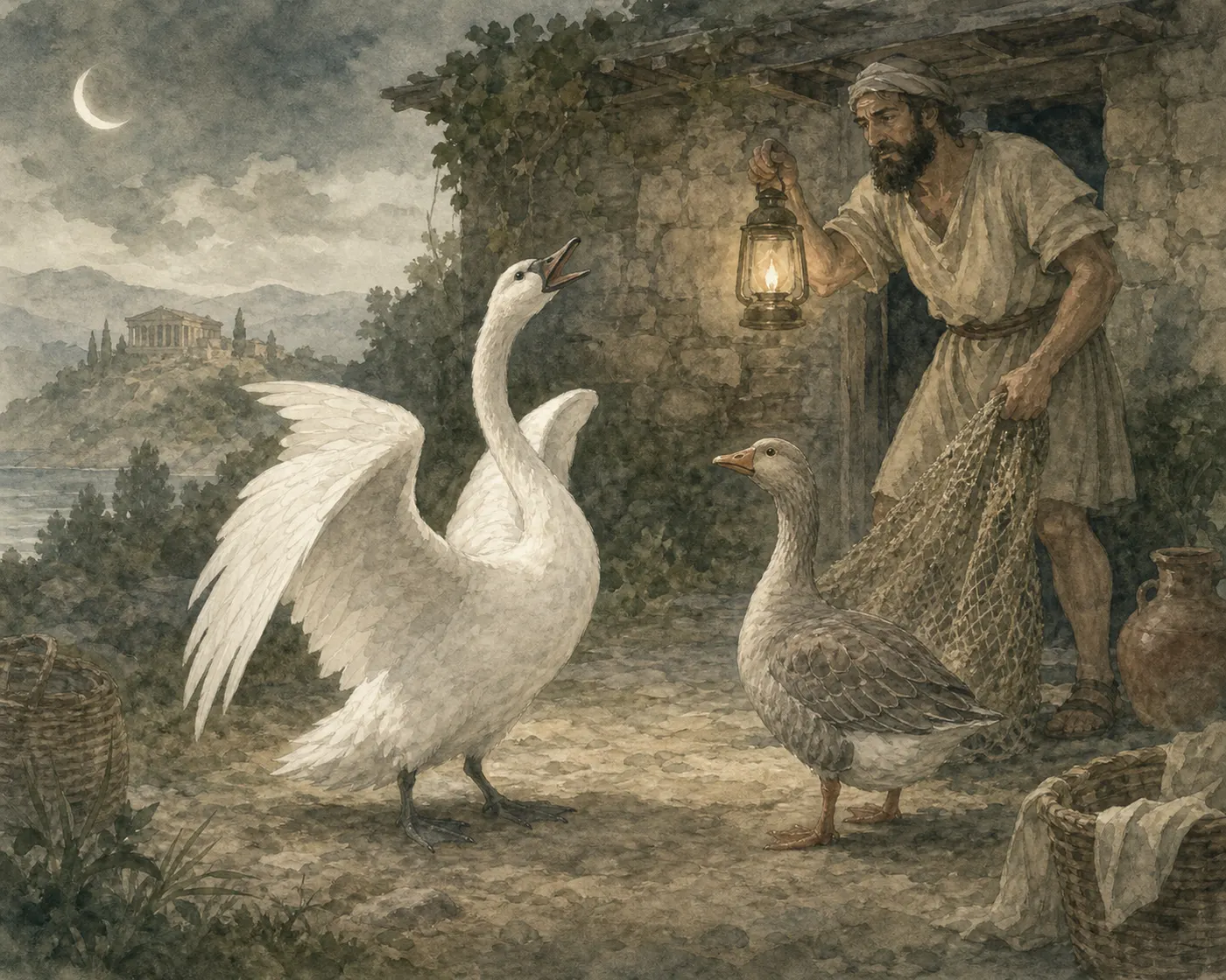 Illustration for Aesop’s fable “The Swan Taken for the Goose”