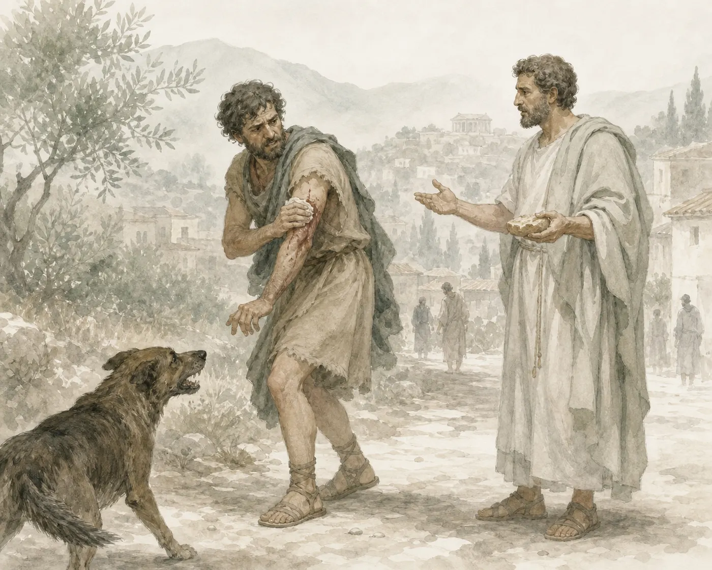 Illustration for Aesop’s fable “The Man Bitten by a Dog”