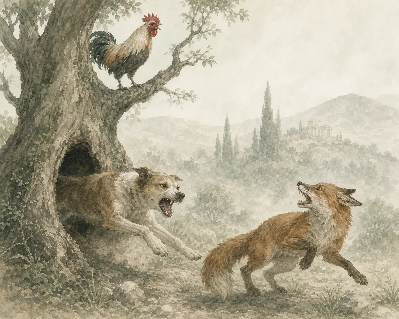 Illustration for Aesop’s fable “The Dog, the Cock, and the Fox”