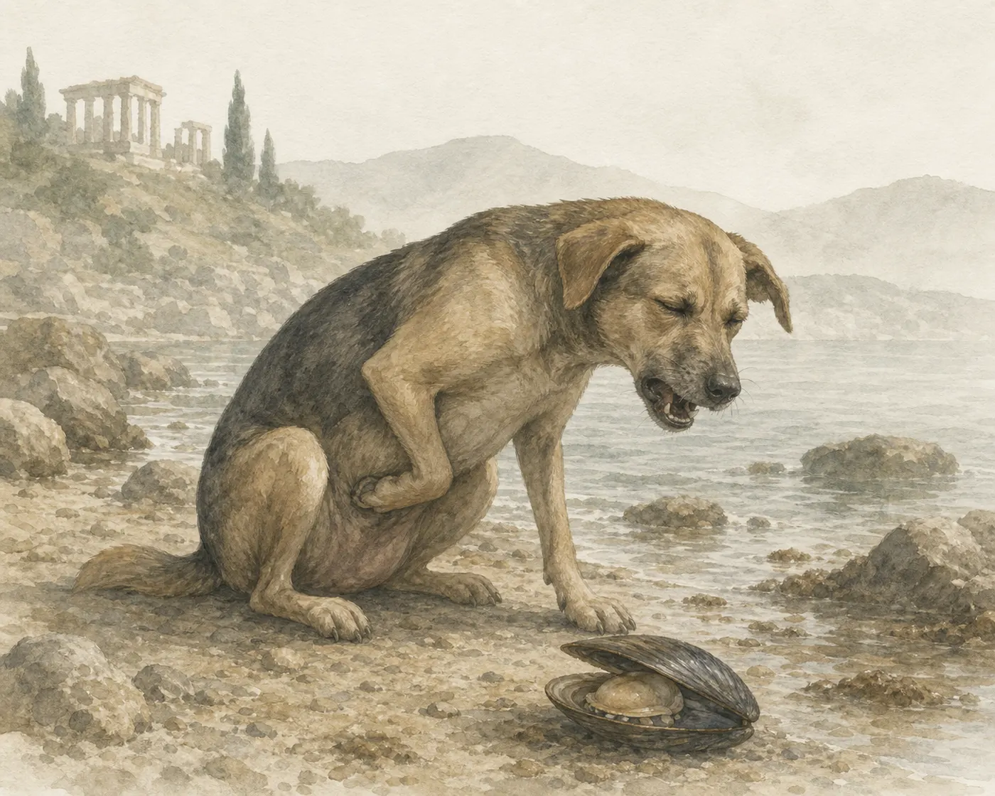 Illustration for Aesop’s fable “The Dog and the Shellfish”