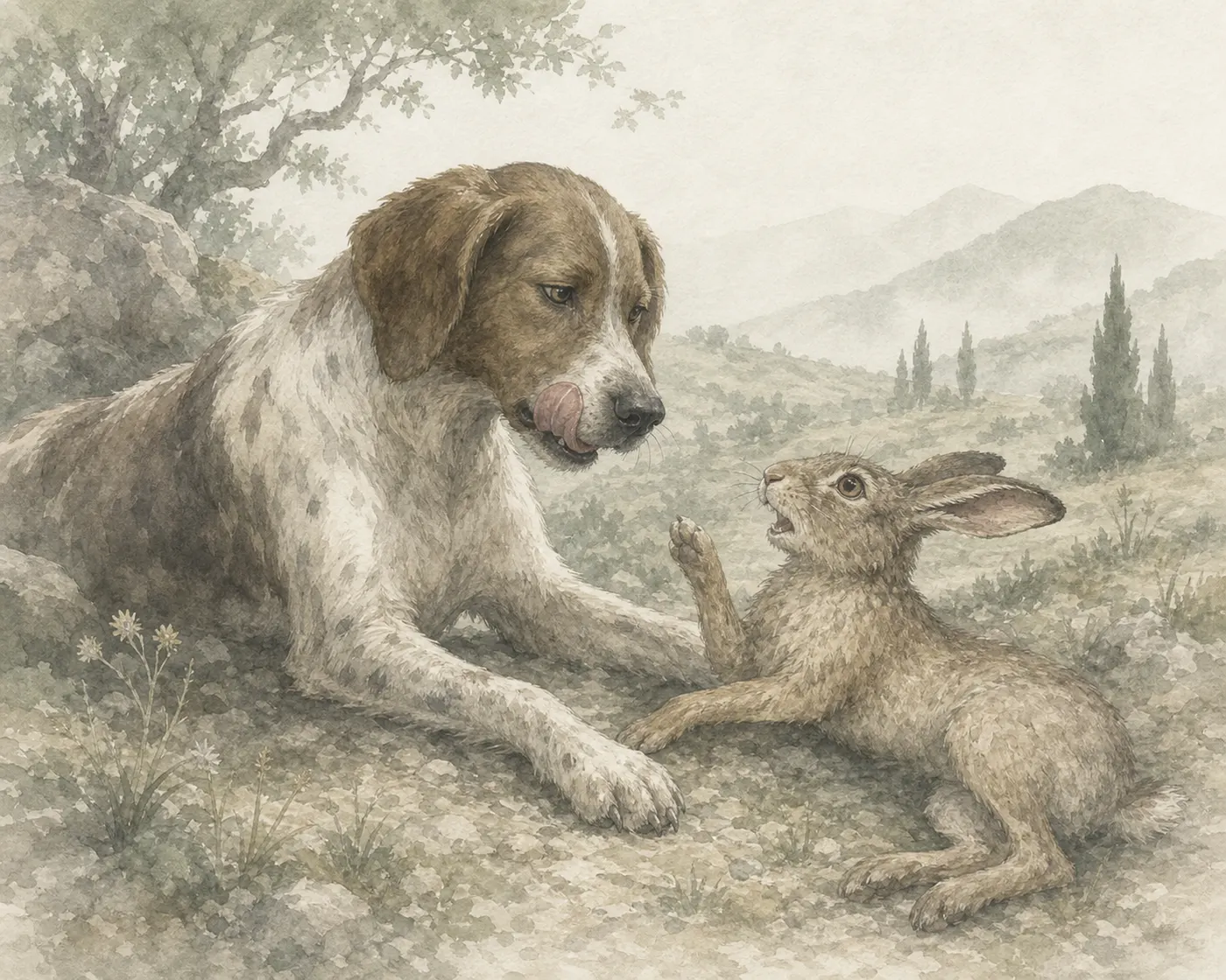 Illustration for Aesop’s fable “The Dog and the Hare”